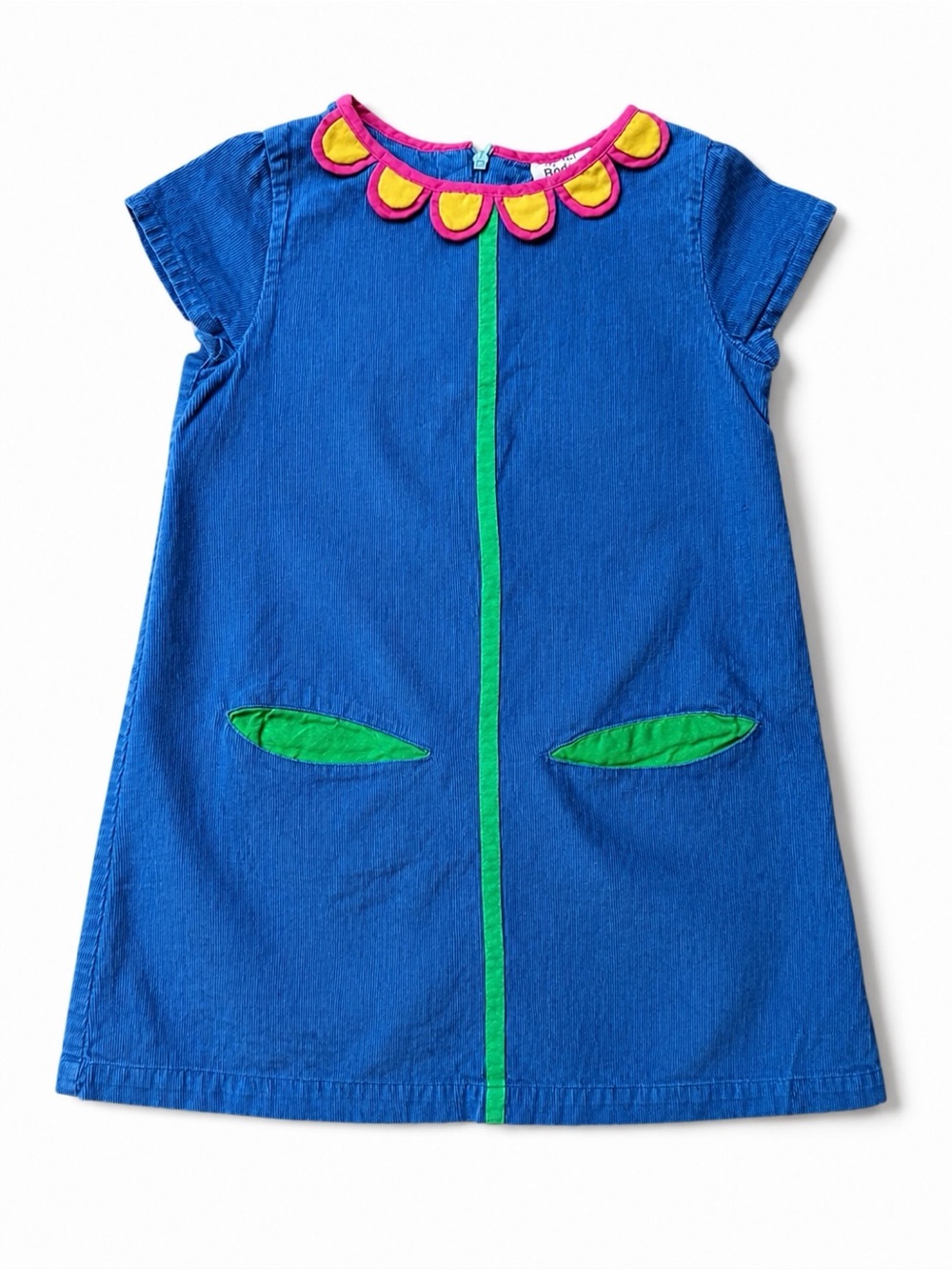 Mini Boden Girls Blue Corduroy Flower Appliqué Shift Dress 4-5Y Pink Green
